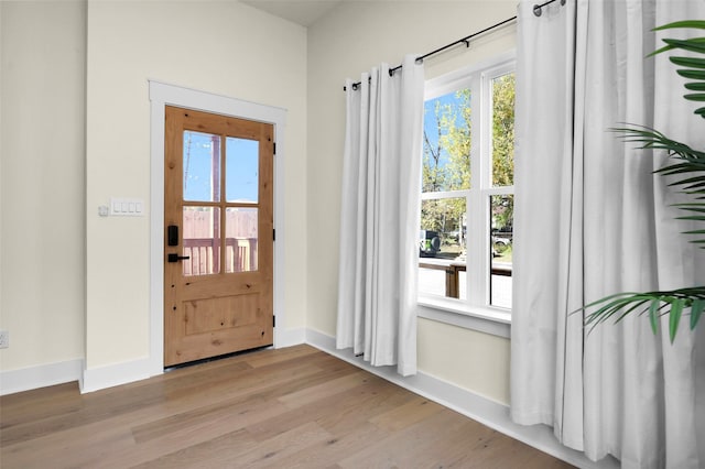 doorway featuring a healthy amount of sunlight and light hardwood / wood-style flooring