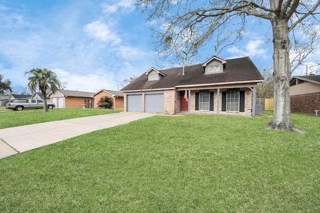 view of front of house featuring a garage, a front lawn, and central air condition unit