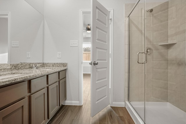 bathroom featuring hardwood / wood-style flooring, vanity, and a shower with door