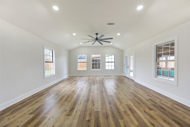 14142 Rosetta Dr, Cypress, TX 77429 - empty room featuring wood finished floors, recessed lighting, baseboards, lofted ceiling, and a ceiling fan