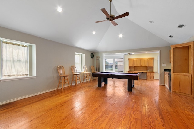 7315 Muirfield Valley Dr, Houston, TX 77095 - rec room featuring a ceiling fan, pool table, visible vents, and high vaulted ceiling