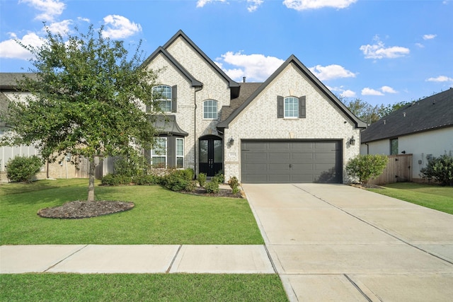 french country inspired facade with a garage and a front yard