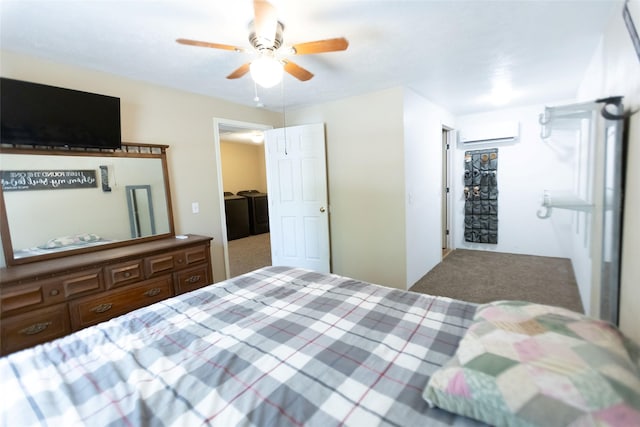 bedroom featuring an AC wall unit, carpet floors, and ceiling fan