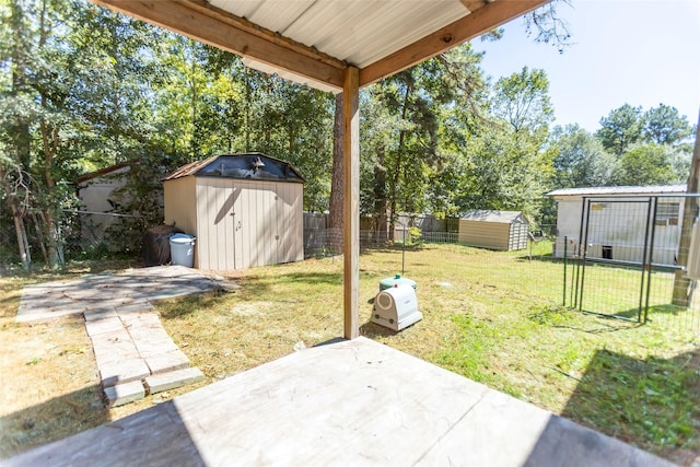 view of patio with a shed