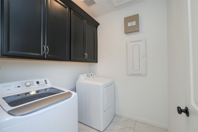 laundry room featuring cabinet space, visible vents, washer and clothes dryer, baseboards, and marble finish floor