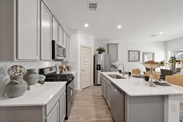 kitchen featuring appliances with stainless steel finishes, sink, gray cabinetry, a kitchen island with sink, and light hardwood / wood-style floors