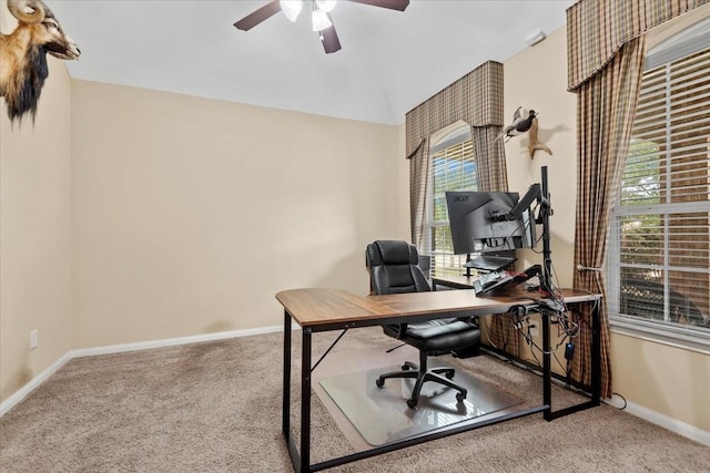 office area with lofted ceiling, carpet floors, and ceiling fan