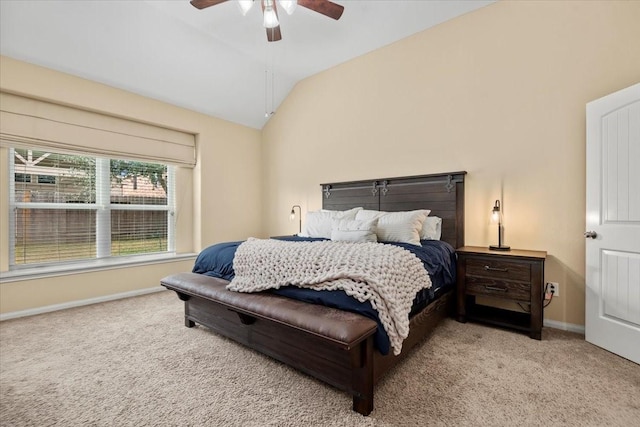 bedroom featuring ceiling fan, carpet flooring, and vaulted ceiling