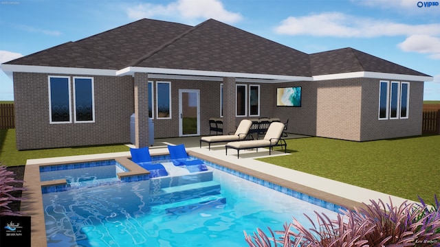 back of house with a swimming pool with hot tub, a lawn, and a patio area