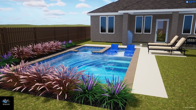 view of pool with a patio and a lawn