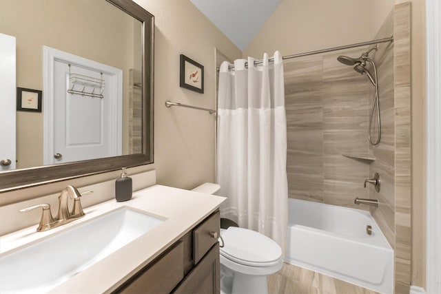 full bathroom featuring toilet, lofted ceiling, shower / bathtub combination with curtain, and vanity