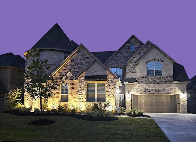 french country home featuring a garage and a yard