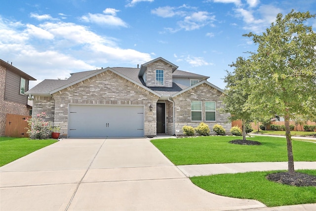 craftsman-style home with a garage and a front lawn