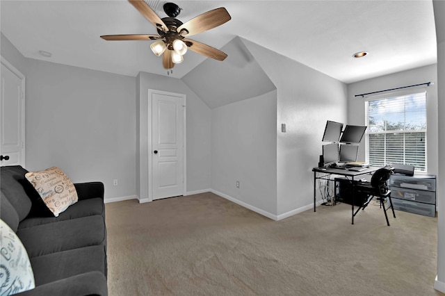 carpeted office featuring ceiling fan and lofted ceiling