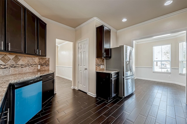 kitchen featuring dark brown cabinetry, light stone countertops, stainless steel appliances, ornamental molding, and wood tiled floor