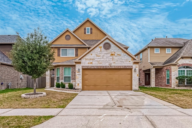 view of front of home with stone siding, a front yard, concrete driveway, and a garage