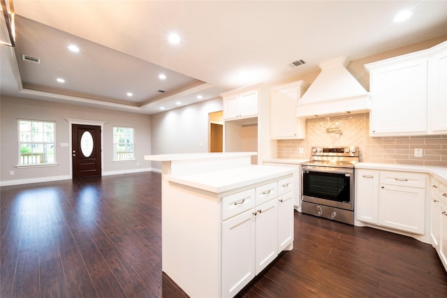 kitchen featuring stainless steel range with electric stovetop, white cabinets, custom range hood, and a raised ceiling