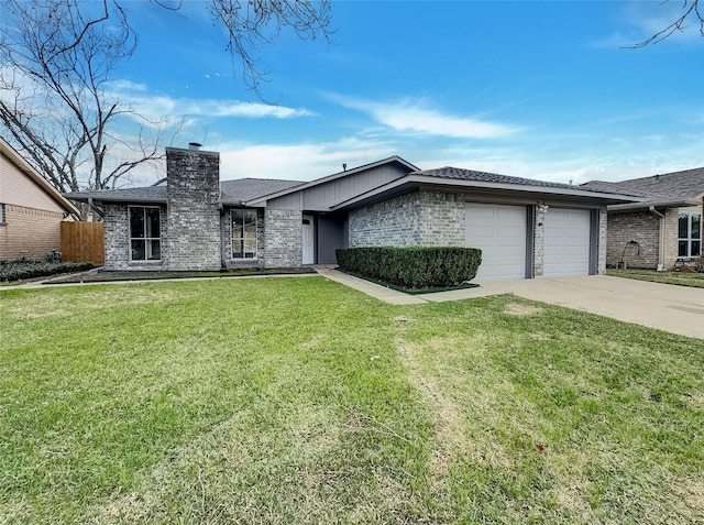 ranch-style house with a garage and a front lawn