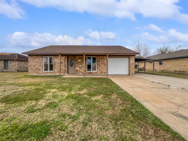 single story home featuring a garage, a carport, and a front yard