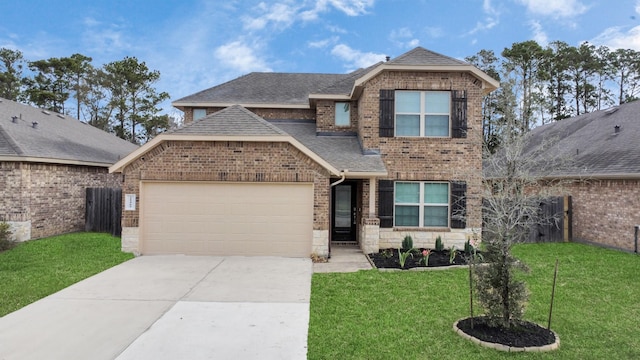 view of front facade featuring brick siding, concrete driveway, a front yard, roof with shingles, and an attached garage