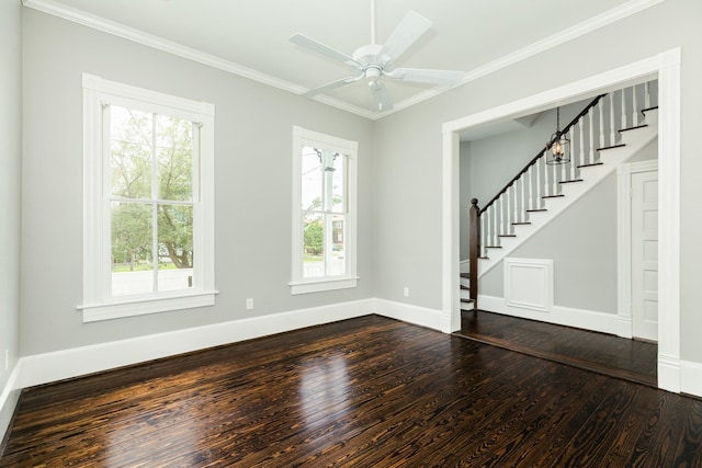 interior space featuring crown molding, ceiling fan, and hardwood / wood-style floors