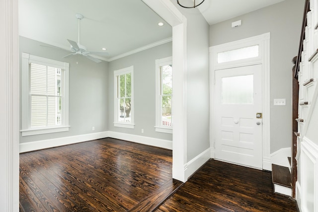 entryway featuring dark hardwood / wood-style flooring, ornamental molding, and ceiling fan