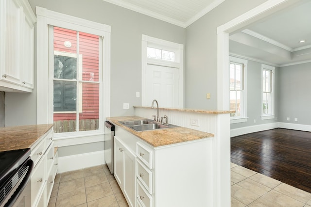 kitchen with white cabinetry, stainless steel appliances, crown molding, and sink