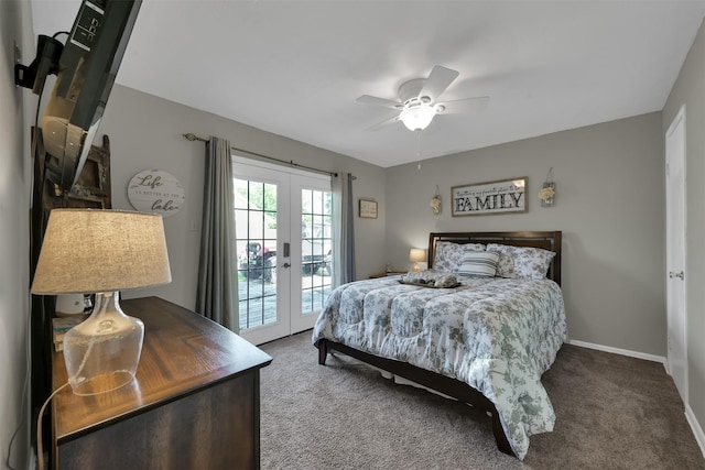 bedroom featuring french doors, ceiling fan, access to exterior, and carpet floors