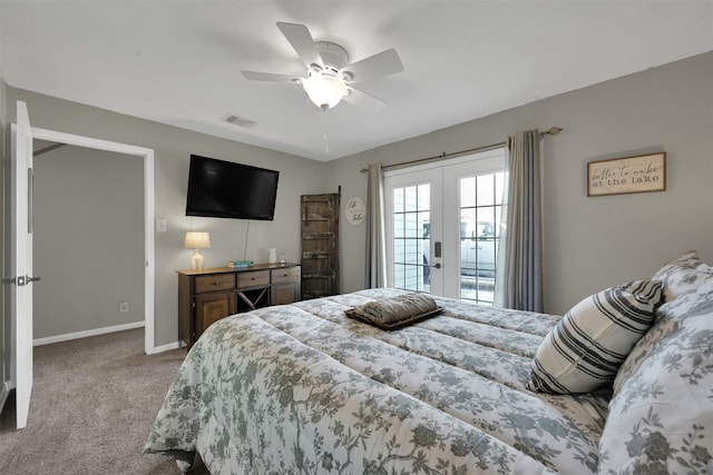 bedroom with french doors, ceiling fan, light carpet, and access to outside