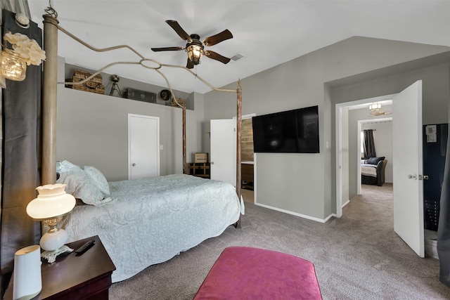 bedroom with lofted ceiling, carpet, and ceiling fan