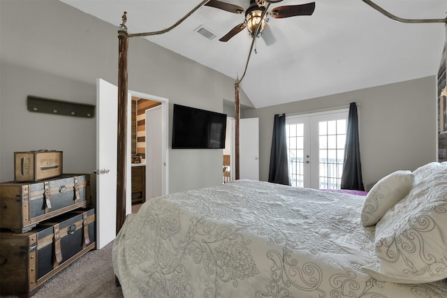 bedroom with vaulted ceiling, carpet floors, ceiling fan, and french doors