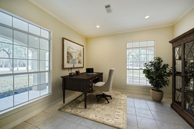 tiled office space featuring ornamental molding