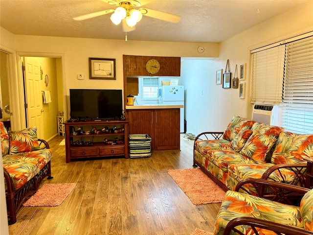 living room with ceiling fan, plenty of natural light, a textured ceiling, and light wood-type flooring