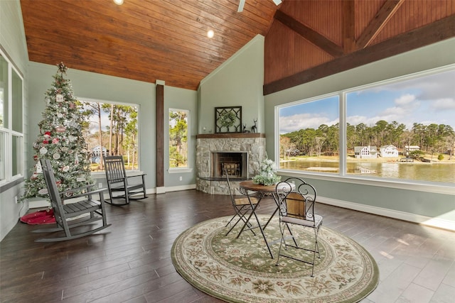 sunroom / solarium featuring lofted ceiling, a fireplace, wooden ceiling, and a water view