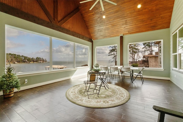 sunroom with vaulted ceiling, wooden ceiling, plenty of natural light, and a water view