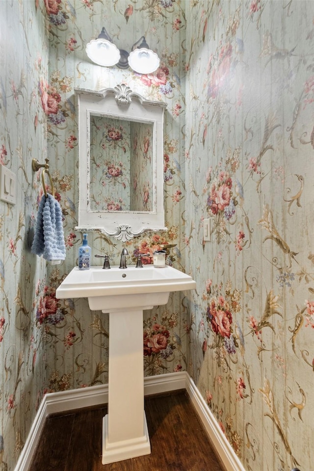 bathroom with hardwood / wood-style floors