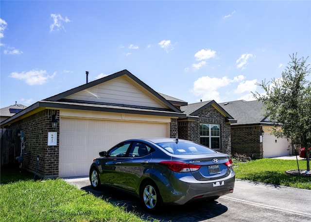 view of front facade featuring a garage, driveway, brick siding, and a shingled roof