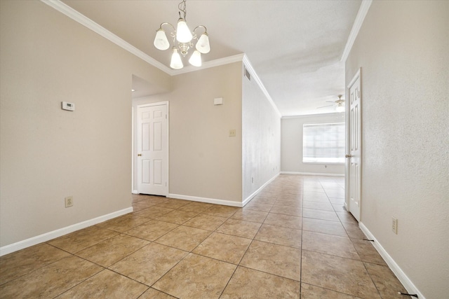 interior space with crown molding, an inviting chandelier, and light tile patterned floors