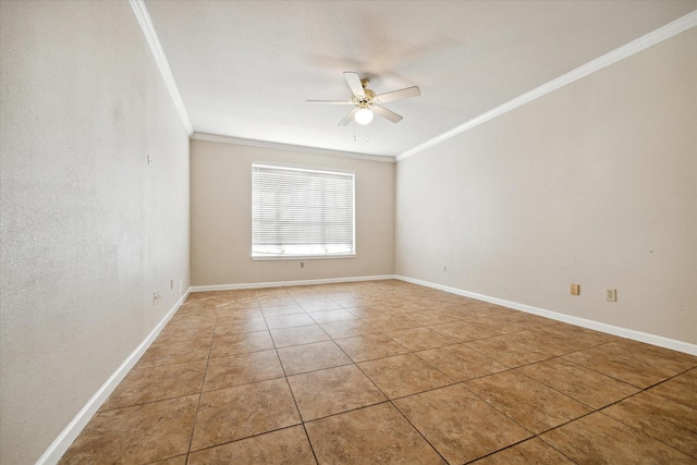 tiled empty room with crown molding and ceiling fan