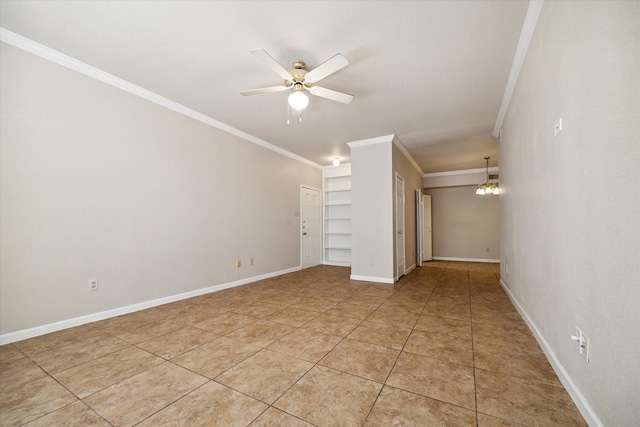 interior space featuring crown molding, light tile patterned floors, ceiling fan, and built in shelves