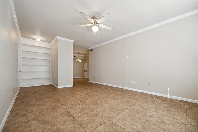 interior space with ornamental molding, ceiling fan with notable chandelier, built in features, and light tile patterned floors