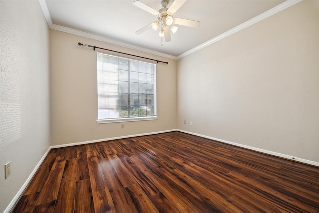 empty room featuring crown molding, dark wood-type flooring, and ceiling fan