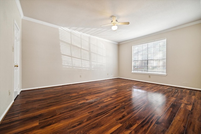 unfurnished room with crown molding, ceiling fan, and dark hardwood / wood-style flooring