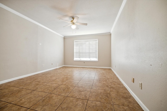 unfurnished room featuring crown molding, tile patterned floors, and ceiling fan