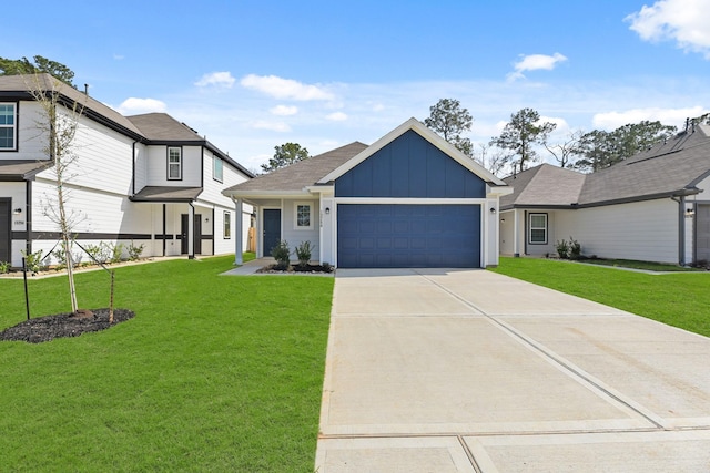 view of front of property with an attached garage, driveway, board and batten siding, and a front yard