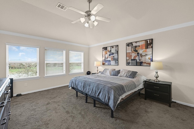 bedroom with dark colored carpet, lofted ceiling, ceiling fan, and crown molding