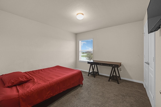 bedroom with dark colored carpet