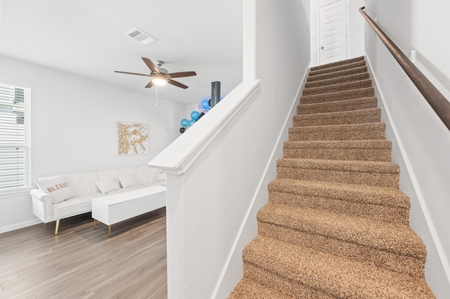 staircase featuring hardwood / wood-style flooring and ceiling fan