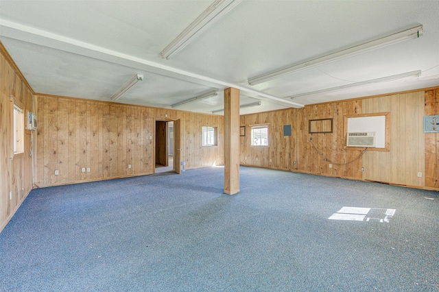 basement with wooden walls and carpet