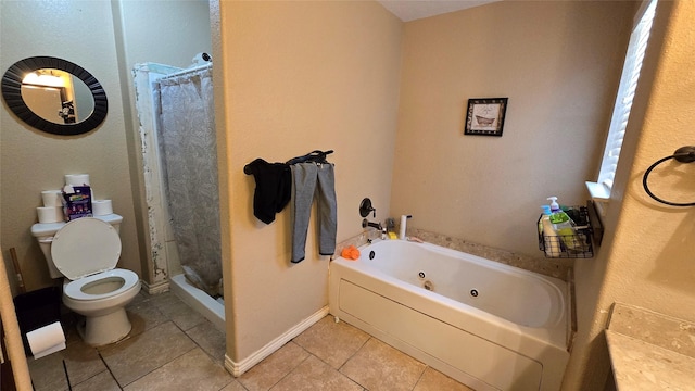 bathroom with toilet, independent shower and bath, and tile patterned flooring